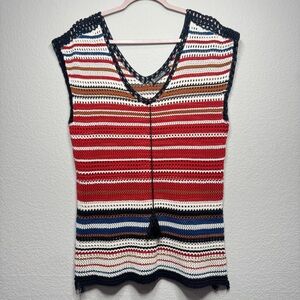 NY & Co. 7th Avenue Crochet Tunic Top XL Blue Red Sleeveless V-Neck Knit Coverup